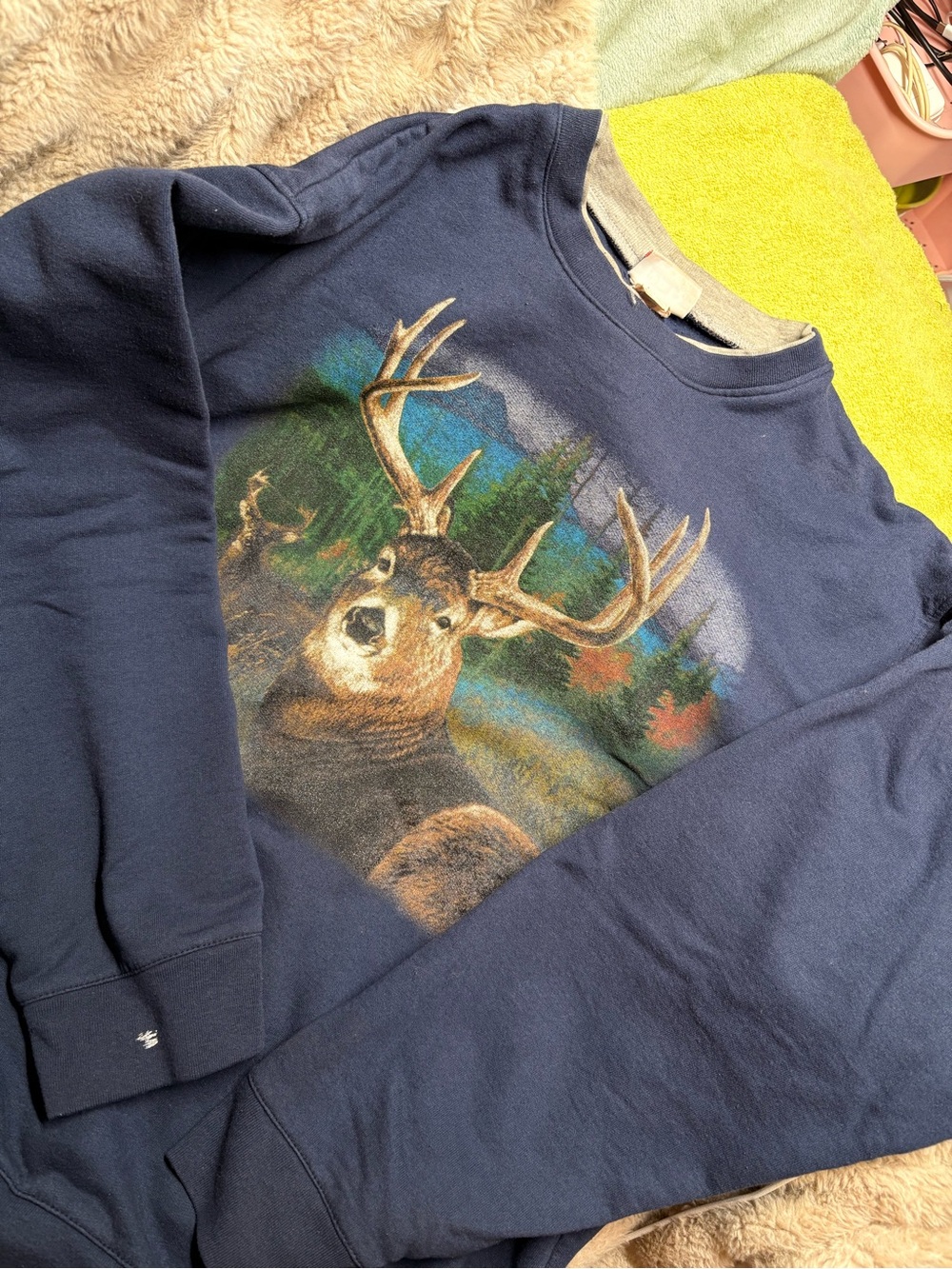 Vintage Navy Blue Deer Graphic Crewneck Sweater